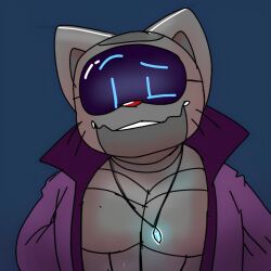 anthro blue_eyes gl1tch gl1tchcat grey_body pendant purple_clothes robot_cat smiling