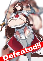 1girls absurd_res areola_slip areolae armor bangs brown_hair bursting_breasts choker cleavage cleavage_overflow curvy defeated_warrior_(konoshige) earrings english_text female female_knight female_only frills garter_straps gigantic_breasts grey_eyes huge_breasts jewelry knight konoshige_(ryuun) open_clothes original pelvic_curtain pelvic_line ryuun_(stiil) skindentation solo standing sword swordsman_(konoshige) tagme thick_thighs thighhighs wide_hips