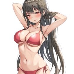 amagi_(amagi626) bikini black_hair breasts cleavage cowboy_shot female highres holding holding_hair houraisan_kaguya kaguya_houraisan large_breasts long_hair looking_at_viewer navel red_bikini red_eyes side-tie_bikini_bottom simple_background solo standing swimsuit touhou white_background