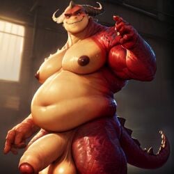 ai_generated anthro balls belly big_belly male male_only monster musclegut nipples penis rumble_(film) skyrimking solo steve_(rumble)