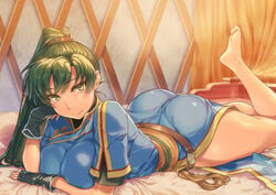 1girls ass asymmetrical_bangs bangs barefoot belt big_ass black_gloves blush breasts closed_mouth earrings feet_up female fingerless_gloves fire_emblem fire_emblem:_the_blazing_blade gloves green_eyes green_hair high_ponytail jewelry large_breasts long_hair looking_at_viewer lying lyn_(fire_emblem) lyndis_(fire_emblem) obi on_stomach ponytail sajittari sash shinon_(tokage_shuryou) short_sleeves side_slit smile thighs