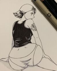 artist_request ass_focus female female_only line_art meryl_silverburgh metal_gear metal_gear_solid shoulder_tattoo sketch tagme traditional_media_(artwork)