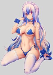 bikini blue_bikini blue_footwear blue_hair bow bow_bikini breasts cleavage collarbone covered_erect_nipples female full_body grey_background hair_between_eyes hand_up highleg highleg_bikini hijikawa_arashi kamishirasawa_keine keine_kamishirasawa large_breasts long_hair looking_at_viewer maid_headdress multicolored_hair navel red_bow red_eyes shoes side-tie_bikini_bottom simple_background sitting solo stomach string_bikini swimsuit thighhighs touhou two-tone_hair very_long_hair wariza white_hair white_thighhighs wrist_cuffs