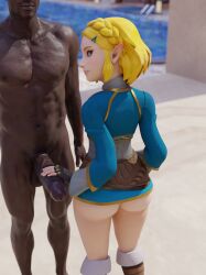 1boy 1girls 3d 3d_(artwork) big_penis blonde_hair blue_eyes bottomless breath_of_the_wild dark-skinned_male dark_skin elf elf_ears fingerless_gloves gloves hand_on_penis highres holding_penis interracial large_penis long_ears looking_at_viewer looking_back lriko3d nude nude_male pale-skinned_female pale_skin partially_clothed partially_clothed_female petite pointy_ears pool princess_zelda short_hair smaller_female standing tears_of_the_kingdom the_legend_of_zelda zelda_(breath_of_the_wild) zelda_(tears_of_the_kingdom)