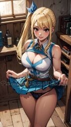 ai_generated bare_legs blue_headband brown_eyes cameltoe divine_muse_designs fairy_tail lucy_heartfilia panties patreon ponytail safe_for_work skirt_lift skirt_lifted_by_self watermark yellow_hair