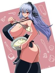 1girls alternate_breast_size apron baking black_apron black_thighhighs blush breasts_bigger_than_head female flowing_hair huge_breasts itini-sanshi large_ass licking_lips long_hair looking_at_viewer naked_apron red_eyes rozen_maiden side_view sideboob silver_hair smiling_at_viewer solo suigintou thighhighs