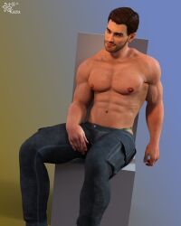 1boy 1human 1male 3d 3d_(artwork) 3d_model bara bara_tiddies bara_tits brown_eyes brown_hair eyebrow_piercing kazuworks looking_at_viewer muscles muscular muscular_male oc original original_character pants shirtless skimpy_thong smiling_at_viewer tan-skinned_male tan_skin