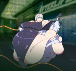 belly_button big_belly big_hips bloated_belly cyberpunk cyberpunk:_edgerunners cyberpunk_2077 double_chin dudenameda10 fat lucyna_kushinada morbidly_obese multicolored_hair overweight overweight_female pale-skinned_female pale_skin red_lipstick request weight_gain