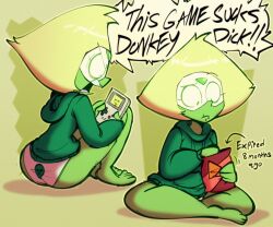 1girls 2023 alien angry ass barefoot blonde_hair cartoon_network clothing doritos eating electronics female forehead_jewel game_boy gem gem_(species) green_body green_hair green_skin handheld_game_console multiple_images panties peridot_(steven_universe) pest0sauce steven_universe visor