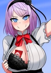 1girls absurdres black_bra blue_eyes bow bowtie bra breasts candy chocolate chocolate_bar cleavage dagashi_kashi drooling flower food hair_flower hair_ornament highres huge_breasts kit_kat_(candy) lace lace_bra large_breasts light_purple_hair looking_at_viewer nestle open_clothes open_shirt reaching reaching_towards_viewer saliva selfie shidare_hotaru shirt short_hair simple_background skirt smile solo suspender_skirt suspenders the_only_shoe unbuttoned underwear upper_body v-shaped_eyebrows