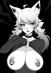 1girls animal_ears big_breasts brassica collar monochrome nipple_piercing nipples piercing shirt_lift spiked_collar