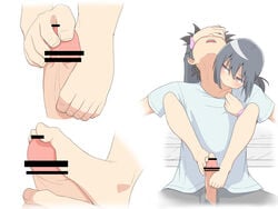 1boy 1girls bare_legs barefoot blue_shirt brown_eyes feet female femdom foot_fetish foot_focus footjob grey_hair grey_pants highres holding_face legs legs_behind_back male multitasking open_mouth original penis salpin simple_background teeth tongue white_background