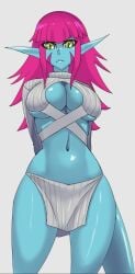 1girls alien alien_girl alien_humanoid arms_up big_breasts blue_skin breasts clothed clothed_female dinaurian duna_nichs evolved_virgin_killer_sweater facial_markings female female_only fossil_fighters humanoid kayserend long_ears long_hair looking_at_viewer magenta_hair milf monster_girl nintendo pov tagme yellow_eyes