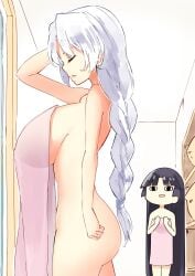 2girls ass bad_id bad_twitter_id black_hair braid breast_envy breasts covered_erect_nipples covering_breasts covering_privates deetamu eirin_yagokoro hand_in_own_hair highres houraisan_kaguya huge_breasts kaguya_houraisan large_breasts long_hair multiple_girls naked_towel nude nude_cover onsen see-through see-through_silhouette silver_hair top_heavy touhou towel very_long_hair yagokoro_eirin