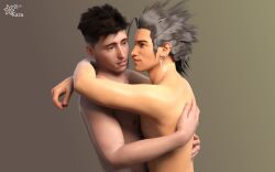2boys 2humans 2males 3d 3d_(artwork) 3d_model 5_o'clock_shadow about_to_kiss dark_brown_hair duo duo_focus ear_piercings earrings gray_hair green_eyes hugging intimate introvert kazuworks male/male male_focus male_only nervous nervous_expression nervous_male oc original original_characters septum_piercing sharkbite_piercing shy