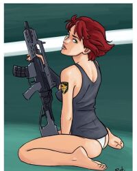 1girls arm_tattoo ass barefoot breasts closed_mouth clothing eyebrows eyelashes feet female female_only ginger green_eyes gun holding_gun legs looking_back looking_back_at_viewer looking_over_shoulder meryl_silverburgh metal_gear metal_gear_solid no_pants panties pinup red_hair redhead rifle short_hair sitting sleeveless sleeveless_shirt slim solo tank_top tattoo thighs toes underwear wariza weapon white_panties