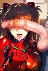 1boy 1girls ai_generated asuka_langley_sohryu blue_eyes blush bodysuit hair_ornament long_hair middle_finger neon_genesis_evangelion orange_hair sayuai