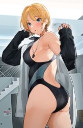 ass black_jacket black_nails black_one-piece_swimsuit blonde_hair blue_eyes blue_nails blue_one-piece_swimsuit blush breasts commentary_request competition_swimsuit cowboy_shot earrings female fingernails gal_girlfriend_(tipii) hands_up highres jacket jewelry long_fingernails long_sleeves looking_at_viewer looking_back medium_breasts multicolored_nails nail_polish one-piece_swimsuit open_clothes open_jacket original parted_lips pool short_hair single_bare_shoulder sleeves_past_wrists solo stairs standing swimsuit tipii track_jacket twisted_torso two-tone_swimsuit wet whistle whistle_around_neck white_towel