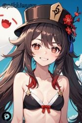 ai_generated bare_shoulders bikini black_bikini black_headwear blue_sky blush breasts brown_hair collarbone day female female_only flower flower-shaped_pupils genshin_impact ghost grin hat hat_flower hu_tao_(genshin_impact) long_hair looking_at_viewer pikkiwynn plum_blossoms red_eyes sky small_breasts smile solo swimsuit symbol-shaped_pupils teeth twintails upper_body