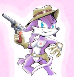 anthro archie_comics belt blue_eyes braided_hair breasts clothing cowboy_hat female fours_(artist) fur gloves gun hair handgun handwear hat headgear headwear hi_res holster mammal mostly_nude mustela mustelid musteline nicolette_the_weasel nude purple_body purple_fur ranged_weapon revolver small_breasts snaggle_tooth solo sonic_(series) sonic_the_hedgehog_(archie) sonic_the_hedgehog_(comics) sonic_the_hedgehog_(series) tactical_nudity weapon