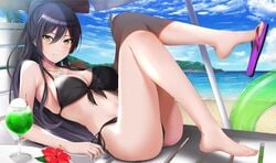 amekasaikuta beach bikini black_hair breasts feet female female_only flip_flops idolmaster looking_at_viewer ponytail sandals shirase_sakuya solo the_idolm@ster_shiny_colors yellow_eyes