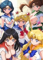 5girls ai_generated ami_mizuno bishoujo_senshi_sailor_moon black_hair blue_eyes blue_hair breasts_out brown_hair exposed_breasts green_eyes large_breasts looking_at_viewer makoto_kino minako_aino pink_nipples rei_hino sailor_jupiter sailor_mars sailor_mercury sailor_moon sailor_senshi_uniform sailor_venus tagme torn_clothes usagi_tsukino