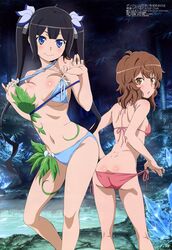 2girls absurdres ass black_hair blue_eyes blue_ribbon blush breasts brown_eyes brown_hair dungeon_ni_deai_wo_motomeru_no_wa_machigatteiru_darou_ka hestia_(danmachi) highres lake large_breasts liliruca_arde long_hair looking_at_viewer looking_back multiple_girls navel night open_mouth outdoors pussy rei_no_himo ribbon short_hair smile swimsuit twintails uncensored