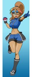 brown_hair dark-skinned_female gloves goggles green_eyes mergeritter oc pokeball pokemon pokemon_trainer ponytail rika_dimensional_ninja shorts tight_clothing