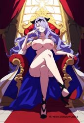 ai_generated camilla_(fire_emblem) fire_emblem fire_emblem_fates high_heels huge_breasts large_breasts legs_crossed long_hair matalica naked nintendo novelai pinup purple_eyes purple_hair roleplay self_upload sitting_on_throne solo throne throne_room