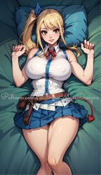 ai_generated belt blue_hairband blue_skirt brown_eyes divine_muse_designs fairy_tail huge_breasts laying_down laying_on_back laying_on_bed lucy_heartfilia panties patreon ponytail safe_for_work smile stable_diffusion watermark white_shirt yellow_hair