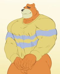 1boy 2020 animal_crossing anthro balls bottomless bozi closed_eyes clothed clothing clothing_pull eyebrows fur genitals hi_res long_sleeves male male_only mammal multicolored_body multicolored_fur muscular muscular_anthro muscular_male nintendo orange_body orange_fur shirt shirt_pull simple_background solo standing teddy_(animal_crossing) topwear topwear_pull two_tone_body two_tone_fur ursid video_games white_background white_body white_fur