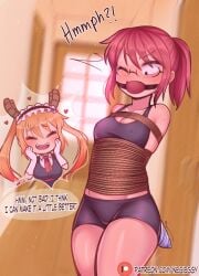 angry ball_gag bike_shorts blush bondage female gag gagged gagged_speech glasses kobayashi kobayashi-san_chi_no_maidragon maid maid_headdress maid_uniform negieggy nipple_bulge nipples_visible_through_clothing ponytail red_hair rope rope_bondage shorts spats sports_bra sweatdrop taped_hands thighs tohru_(dragon_maid) twintails yuri