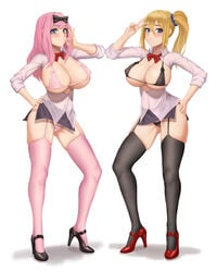 2020 2girls big_breasts black_legwear black_panties blue_eyes blush bowtie breasts closed_mouth embarrassed female_focus female_only fujiwara_chika full_body garter_belt hand_on_ass hand_on_hip hayasaka_ai heels high_heels kaguya-sama_wa_kokurasetai_~tensai-tachi_no_renai_zunousen~ kyulohana lace-trimmed_bra legwear looking_at_viewer microskirt nipples nipples_visible_through_bra ok_sign open_clothes open_shirt panties peace_sign pink_hair pink_legwear pink_panties red_bowtie shadow short_skirt side_ponytail simple_background skirt standing stockings thick_thighs thighs tie upskirt white_background