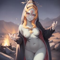 1girls ai_generated big_breasts black_sports_bra breasts clothing female female_only happy long_hair midna ruptuorie shorts solo the_legend_of_zelda twili_midna