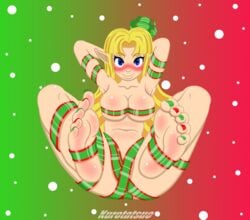 a_link_between_worlds bad_censor blonde_hair censored covered_nipples covering covering_crotch feet gift_wrapped kurotatsuo princess_zelda the_legend_of_zelda toes zelda_(a_link_between_worlds)