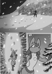 animal_genitalia anthro biped canid canine chest_spike comic footprint freckles_(artist) generation_4_pokemon genitals lucario male mammal monochrome nintendo plant pokemon pokemon_(species) sheath snow snowing solo spikes spikes_(anatomy) tail tree