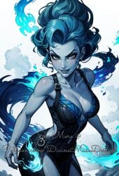 ai_generated blue_eyes blue_hair cleavage disney divine_muse_designs fire goddess greek_clothes hades hades_(hercules) hercules_(disney) patreon plain_background rule_63 split_dress watermark