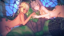 1boy 2girls 3d ass_grab blonde_hair breast_press breasts cock_worship dark-skinned_female dominant_male double_handjob elf elf_ears elf_female female femsub ffm_threesome green_eyes green_skin group group_sex handjob harem hololive hololive_fantasy hololive_japan huge_cock koikatsu large_breasts light-skinned_female light_skin long_hair male maledom nude_female orc orc_male penis ponytail red_eyes shiranui_flare shirogane_noel short_hair straight submissive_female thatvincent virtual_youtuber vtuber white_hair