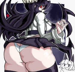 2girls ass ass_cleavage back_view background_character bangs black_hair black_legwear black_skirt bottom_heavy bubble_butt butt_crack dat_ass duo female female_only filia_(skullgirls) highres huge_ass human legwear long_hair looking_back miniskirt multiple_girls nadia_fortune panties red_eyes revealing_clothes samson_(skullgirls) skirt skullgirls spiky_hair tecfuzz thick_thighs thighhighs very_long_hair white_panties