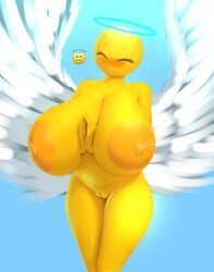 1girls angel_emoji angel_wings areolae breasts closed_eyes completely_nude completely_nude_female dibujosv12 emoji emoji_(race) female female_only hands_together hands_together_elbows_apart huge_breasts lactation lactation_without_expressing naked naked_female nipples no_outlines nude nude_female pussy smile solo solo_female v12 wings yellow_body