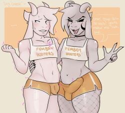 anthro asriel_dreemurr asriel_dreemurr_(god_form) big_penis black_fingernails blush bodily_fluids bottomwear bovid bulge caprine clothing collarbone dialogue duo erection femboy femboy_focus femboy_hooters femboy_only feminine feminine_body feminine_male feminine_pose fingernails flaccid genital_outline genitals gesture girly glistening glistening_body goat hand_on_another's_waist hi_res hooters hooters_uniform horn hotpants male male/male male_focus male_only mammal nails navel nsfwbunniii orange_clothing penis penis_outline piercing selfcest semi-transparent_clothing shaking sharp_fingernails sharp_nails shorts smile speech_bubble square_crossover sweat sweatdrop text topwear trembling undertale undertale_(series) v_sign