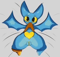 2d adorabat anthro bat big_ears big_eyes blue_body bottom_heavy bottomless chiropteran clitoris clothing digital_media_(artwork) female female_only front_view furry genitals heart heart_(marking) hi_res high-angle_view legs_apart looking_at_viewer mammal mao_mao:_heroes_of_pure_heart markings on_back on_bed plump_labia ponk presenting presenting_pussy pussy seductive shirt_in_mouth shirt_lift simple_background smile solo thick_thighs topwear topwear_lift topwear_only wide_hips wings yellow_clitoris yellow_sclera