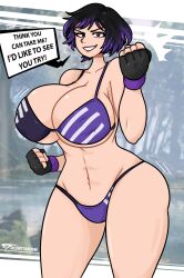 1girls abs alternate_body_type alternate_breast_size big_ass big_breasts bikini cleavage dialogue female female_only light-skinned_female namco navel reina_mishima sideboob silenttandem smile solo talking_to_viewer tekken tekken_8 thick_thighs underboob