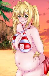 1girls aje arms_behind_back beach big_breasts bikini blonde_hair breasts clenched_teeth empty_eyes fate/grand_order fate_(series) female female_only green_eyes huge_breasts lactation large_breasts nero_claudius_(fate) nero_claudius_(swimsuit_caster) pregnant pregnant_belly pregnant_female twintails