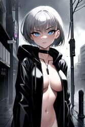 1girls ai_generated belly_button blue_eyes breasts choker cleavage female large_breasts leather leather_clothing leather_coat leather_jacket looking_at_viewer medium_breasts nude short_hair stable_diffusion white_hair