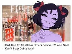 1girls 2d 5_eyes bare_shoulders choker clavicle closed_mouth closed_smile collarbone english_text eyelashes fangs female female_only funny haaru hair_bow half-closed_eyes hand_on_own_chest head_tilt humanoid humor looking_at_viewer meme mixed_media monster_girl muffet multi_eye naked naked_female no_pupils nude one_eye_closed purple_body purple_skin red_bow shop slender slender_body slim smile smiling smiling_at_viewer smooth_skin solo spider_girl spider_humanoid text undertale undertale_(series) upper_body wink