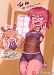 angry bike_shorts blush bondage dragon_girl female glasses kobayashi kobayashi-san_chi_no_maidragon maid maid_headdress maid_uniform negieggy nipple_bulge nipples_visible_through_clothing ponytail red_hair rope rope_bondage shorts spats sports_bra sweatdrop taped_hands thighs tohru_(dragon_maid) twintails yuri