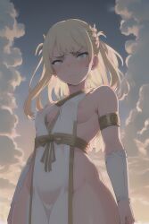 1girls ai_generated arm_sleeves backlit barely_clothed blonde_female blonde_hair blonde_hair blonde_hair_female blue_eyes braless cleavage female grey_eyes looking_at_viewer looking_down looking_down_at_viewer no_underwear see-through see-through_clothing small_breasts stable_diffusion