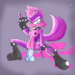 1:1 1girls 2019 anthro boots clothing crouching female female_only fingerless_gloves footwear fours_(artist) fur gesture gloves handwear hi_res looking_at_viewer mammal masturbation megagi_la_skunk mephitid middle_finger punk_hair purple_body purple_fur sex_toy skunk solo sonic_(series) sonic_the_hedgehog_(series) sonichu sonichu_(series) tongue tongue_out vaginal_penetration