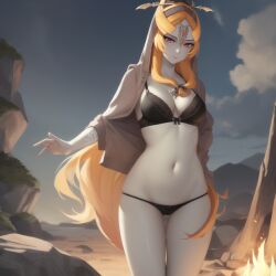 1girls ai_generated big_breasts black_sports_bra breasts clothing female female_only happy long_hair midna ruptuorie shorts solo the_legend_of_zelda twili_midna